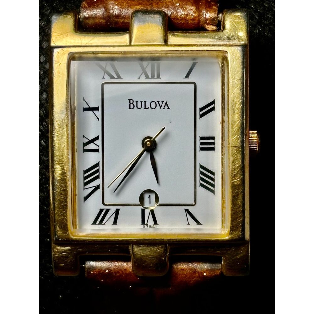 Vintage Bulova Men’s Tank Watch 97B41 Gold Tone White Dial - New Battery